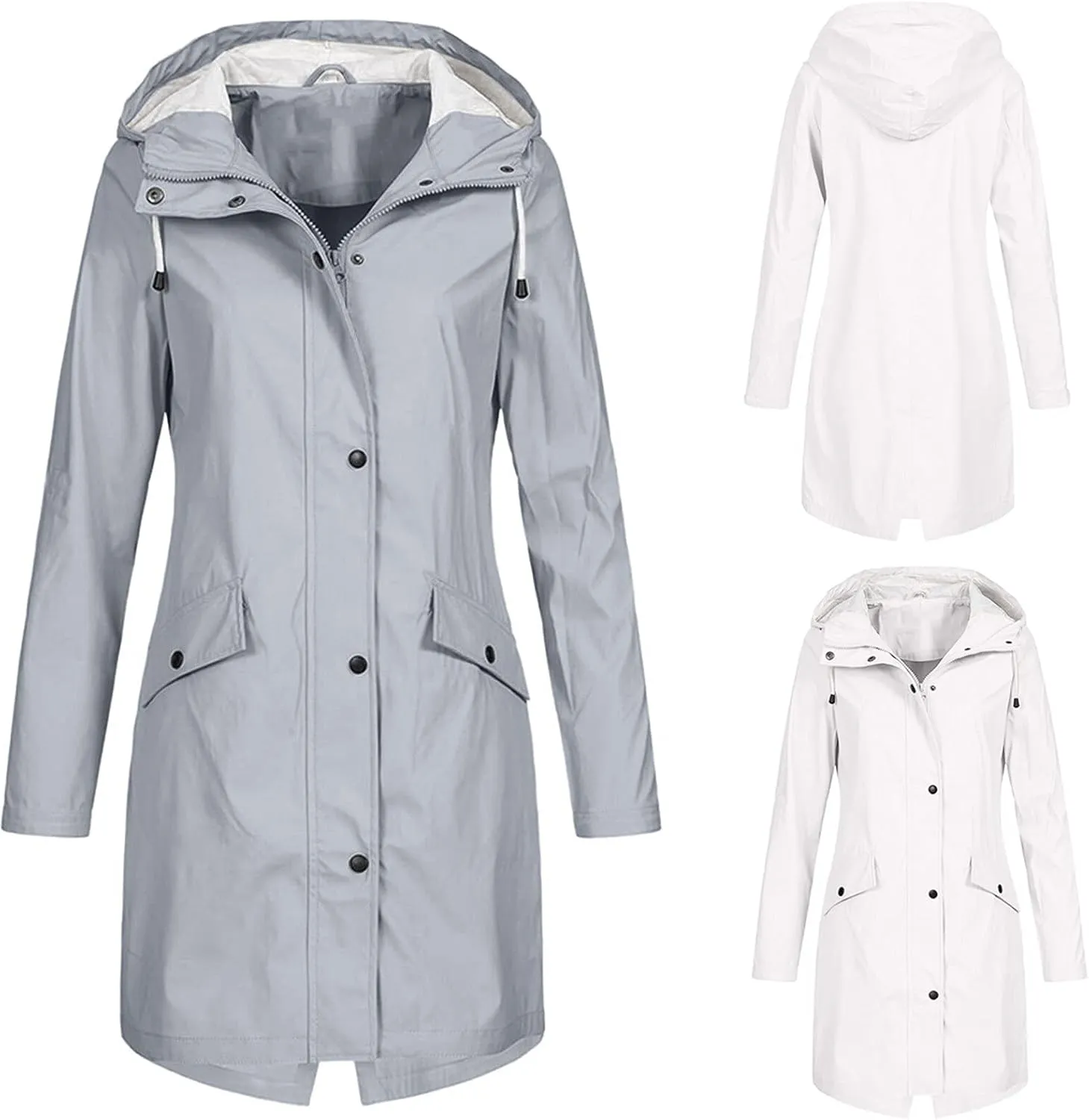 Raincoat for Women Waterproof Long Hooded Trench Coats Zip Up Button Workout Windbreaker Lightweight Travel Jacket