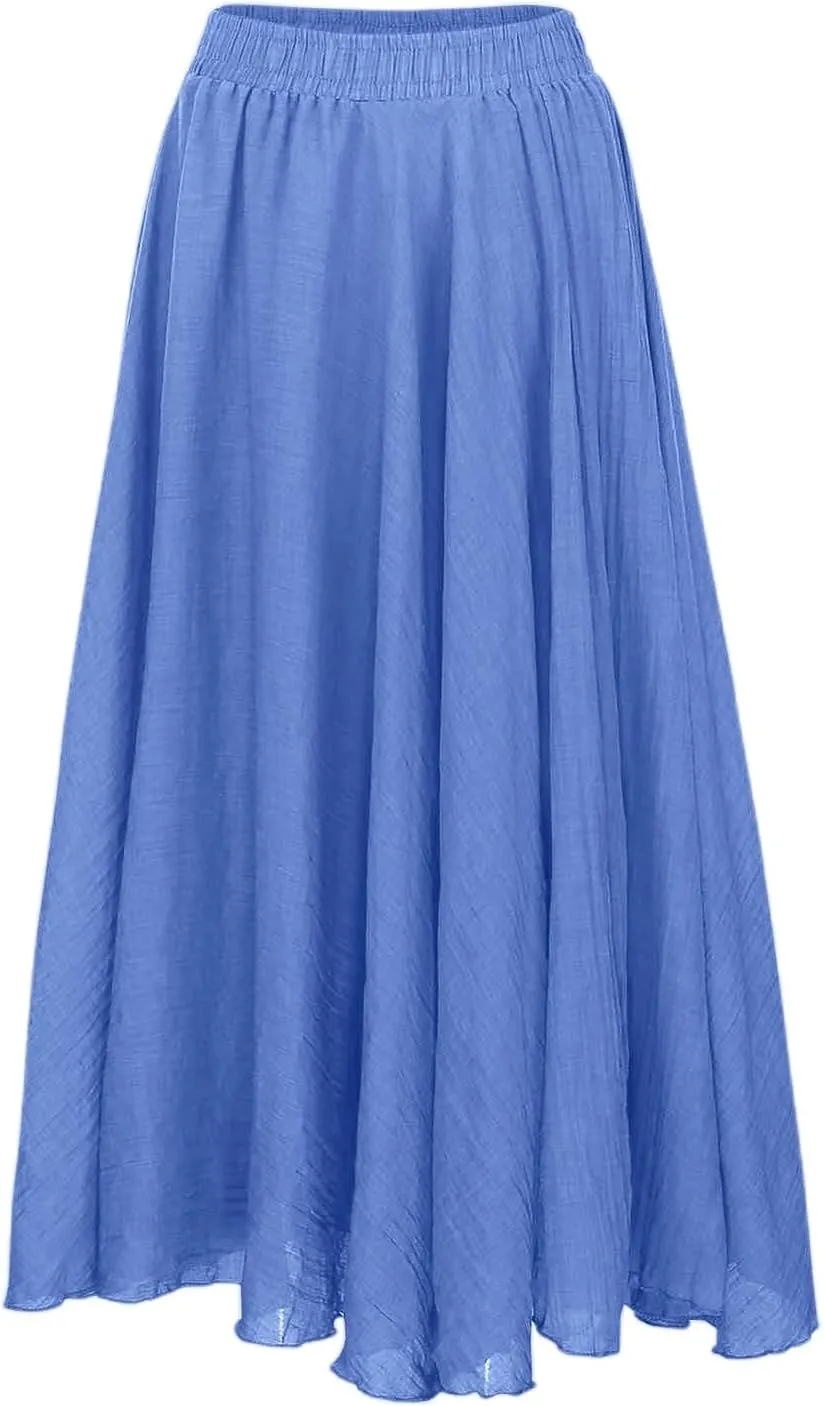 Ruffle Skirt Trendy Flared High Elastic Waist Solid Loose Pleated Long Skirts for Women Summer Vacation Clothes