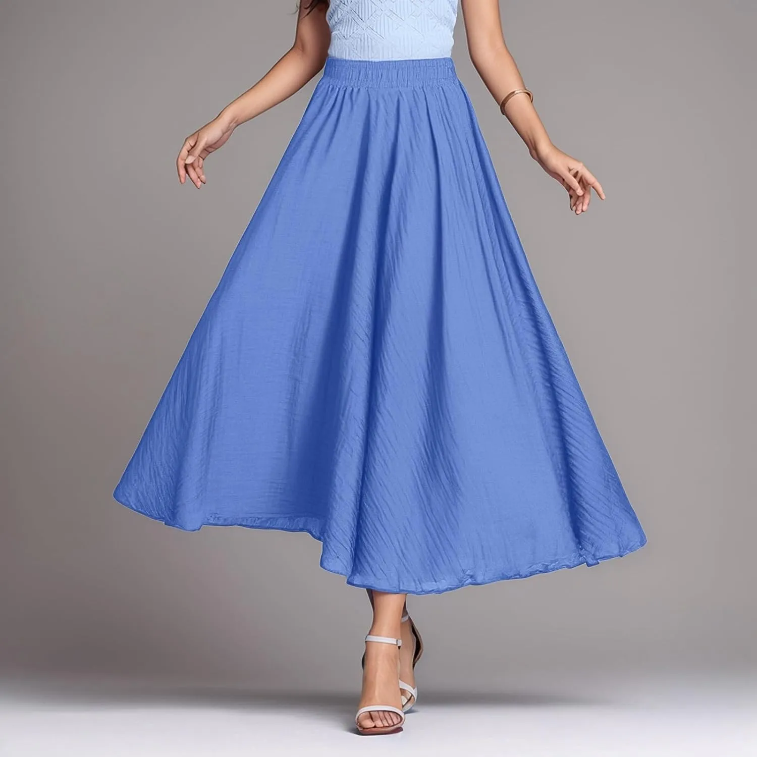Ruffle Skirt Trendy Flared High Elastic Waist Solid Loose Pleated Long Skirts for Women Summer Vacation Clothes