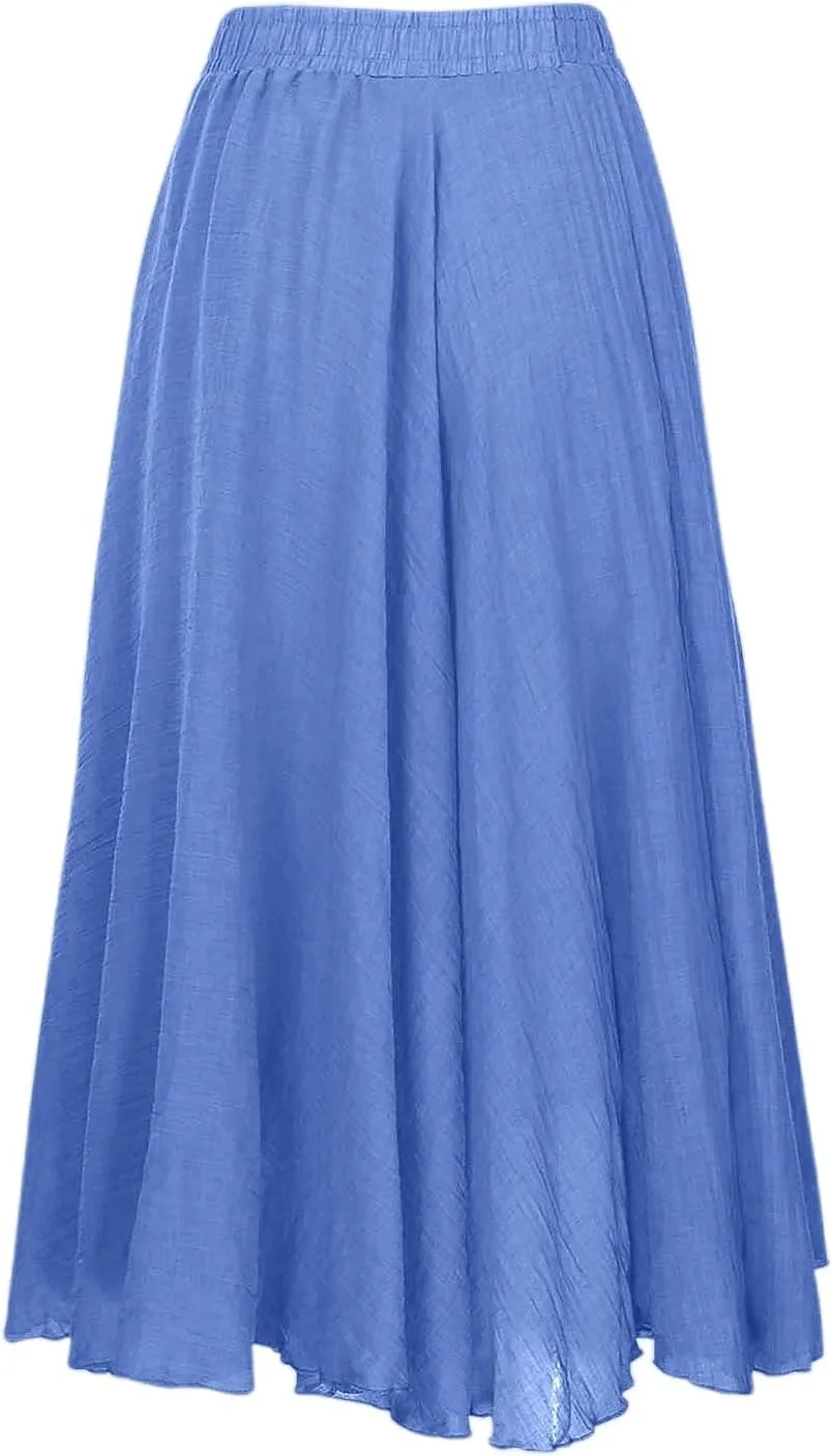 Ruffle Skirt Trendy Flared High Elastic Waist Solid Loose Pleated Long Skirts for Women Summer Vacation Clothes
