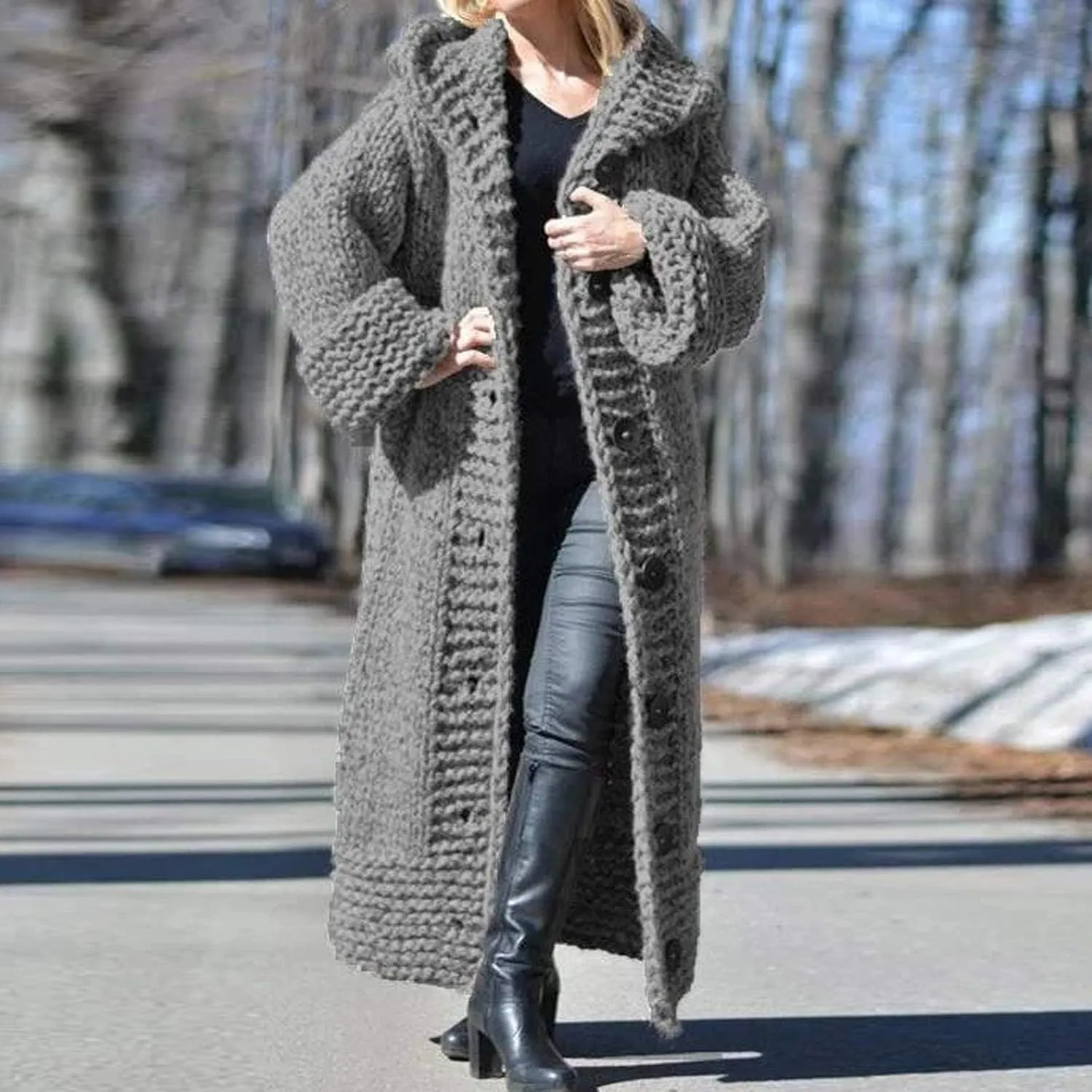 SACFOF Women Hooded Open Front Cardigan Cable Knit Sweaters Winter Solid Color Chunky Button Long Sweater Coats