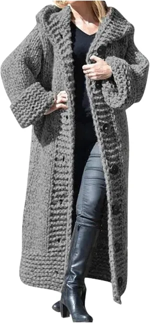 SACFOF Women Hooded Open Front Cardigan Cable Knit Sweaters Winter Solid Color Chunky Button Long Sweater Coats