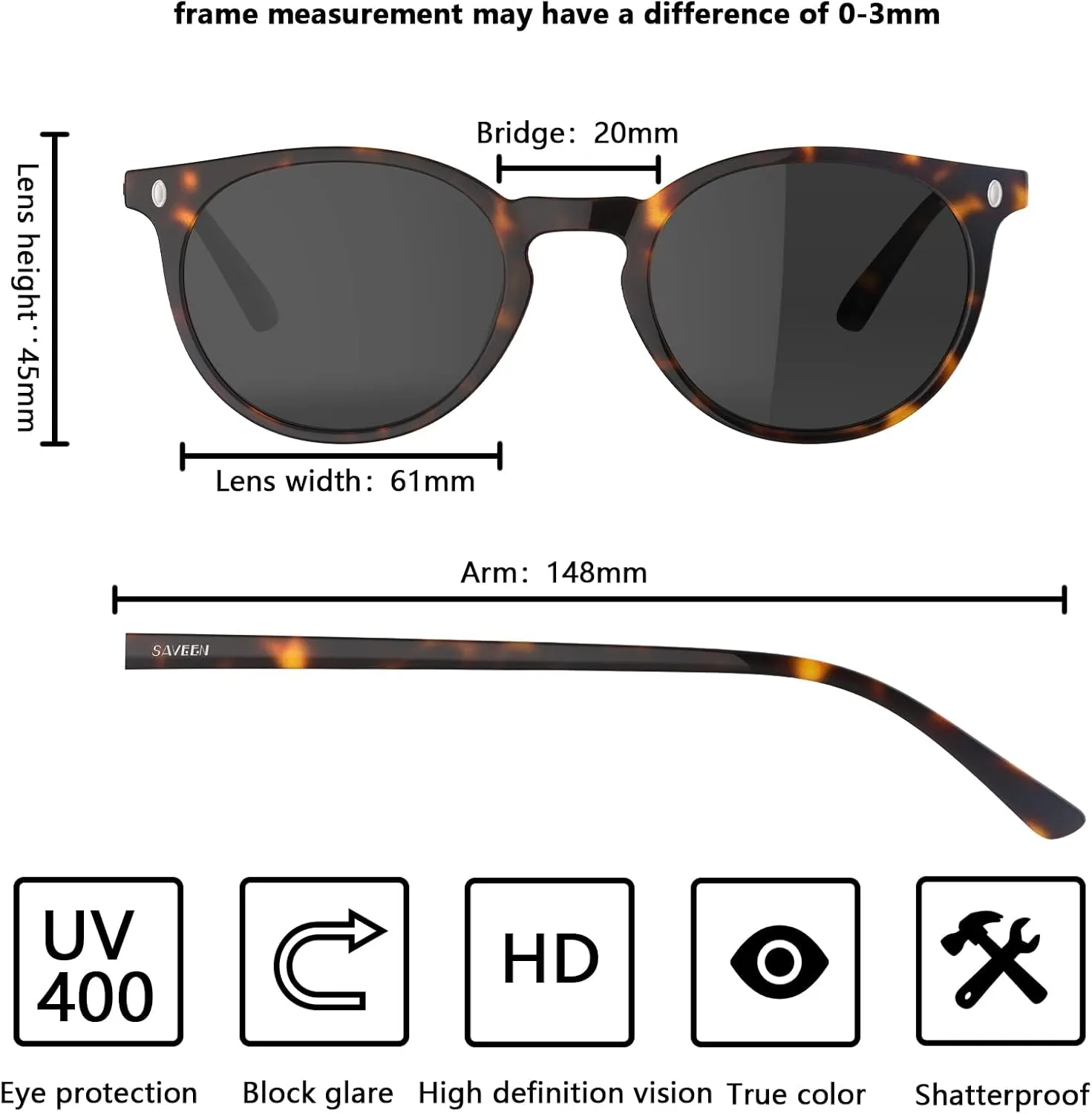 Saveen Retro TAC Round Polarized Sunglasses, Lightweight TR-90 Frame for Women Men UV Protection
