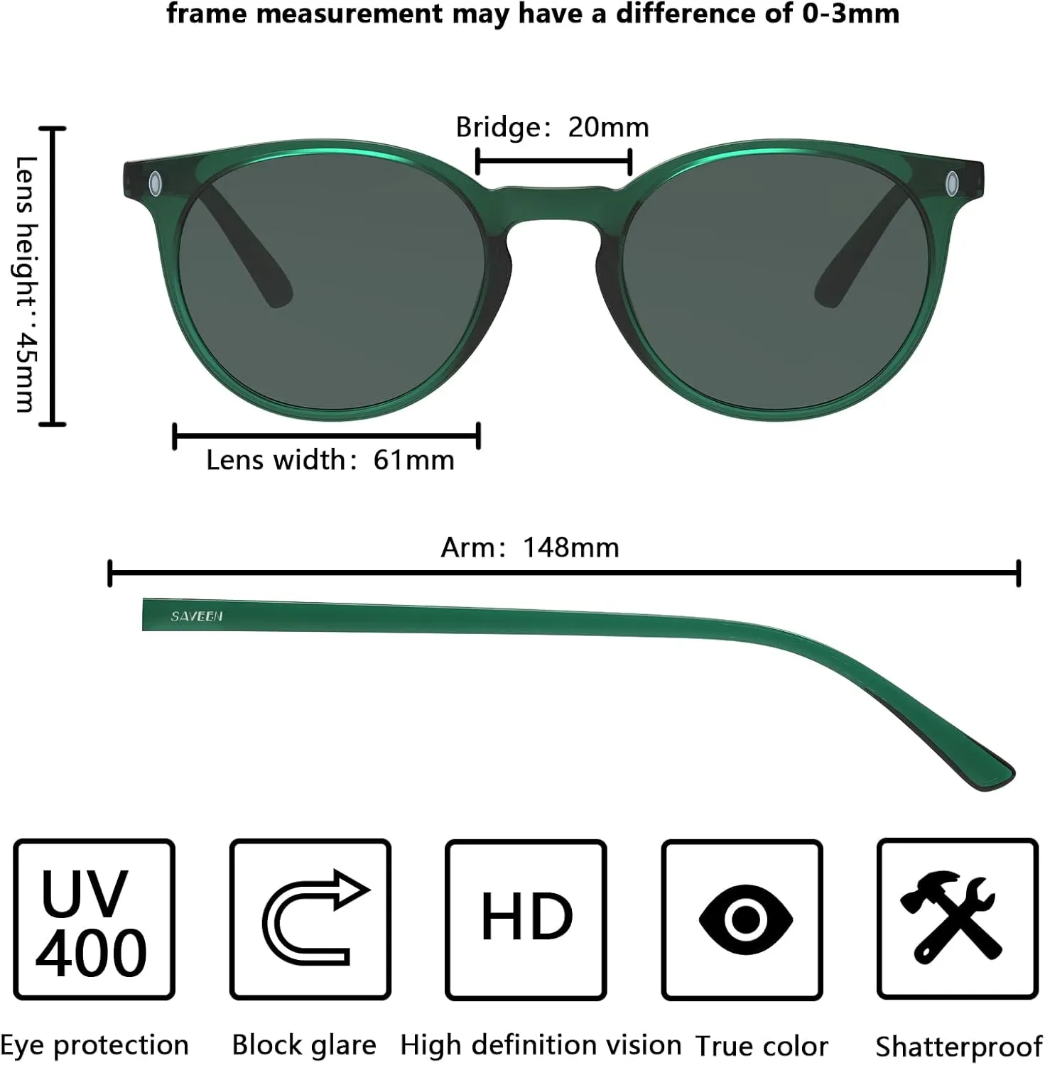 Saveen Retro TAC Round Polarized Sunglasses, Lightweight TR-90 Frame for Women Men UV Protection