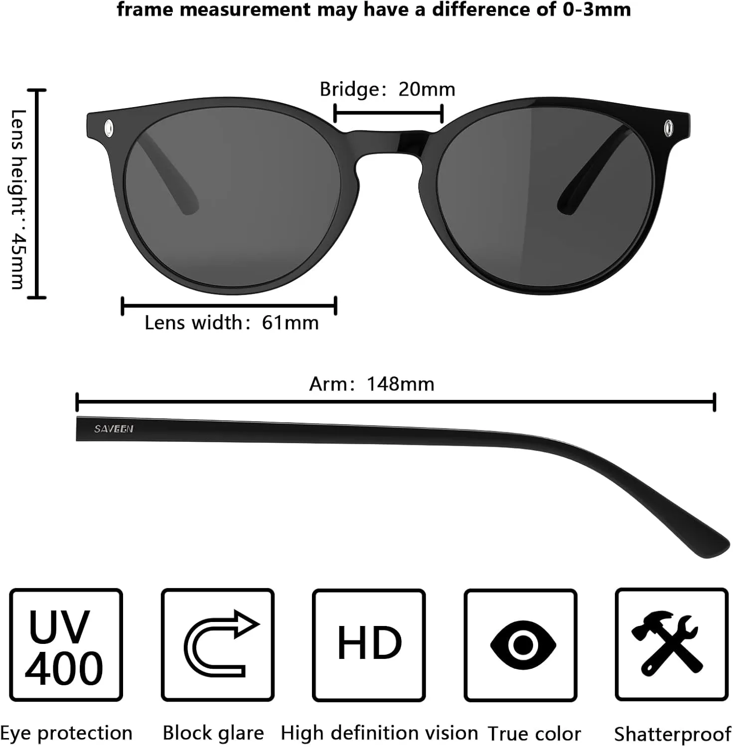 Saveen Retro TAC Round Polarized Sunglasses, Lightweight TR-90 Frame for Women Men UV Protection