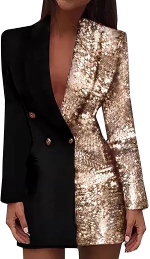 Sequin Blazer for Women Glitter Sparkle Open Front Blazer Casual Long Sleeved Slim Blazers Cardigan Coat Pocket