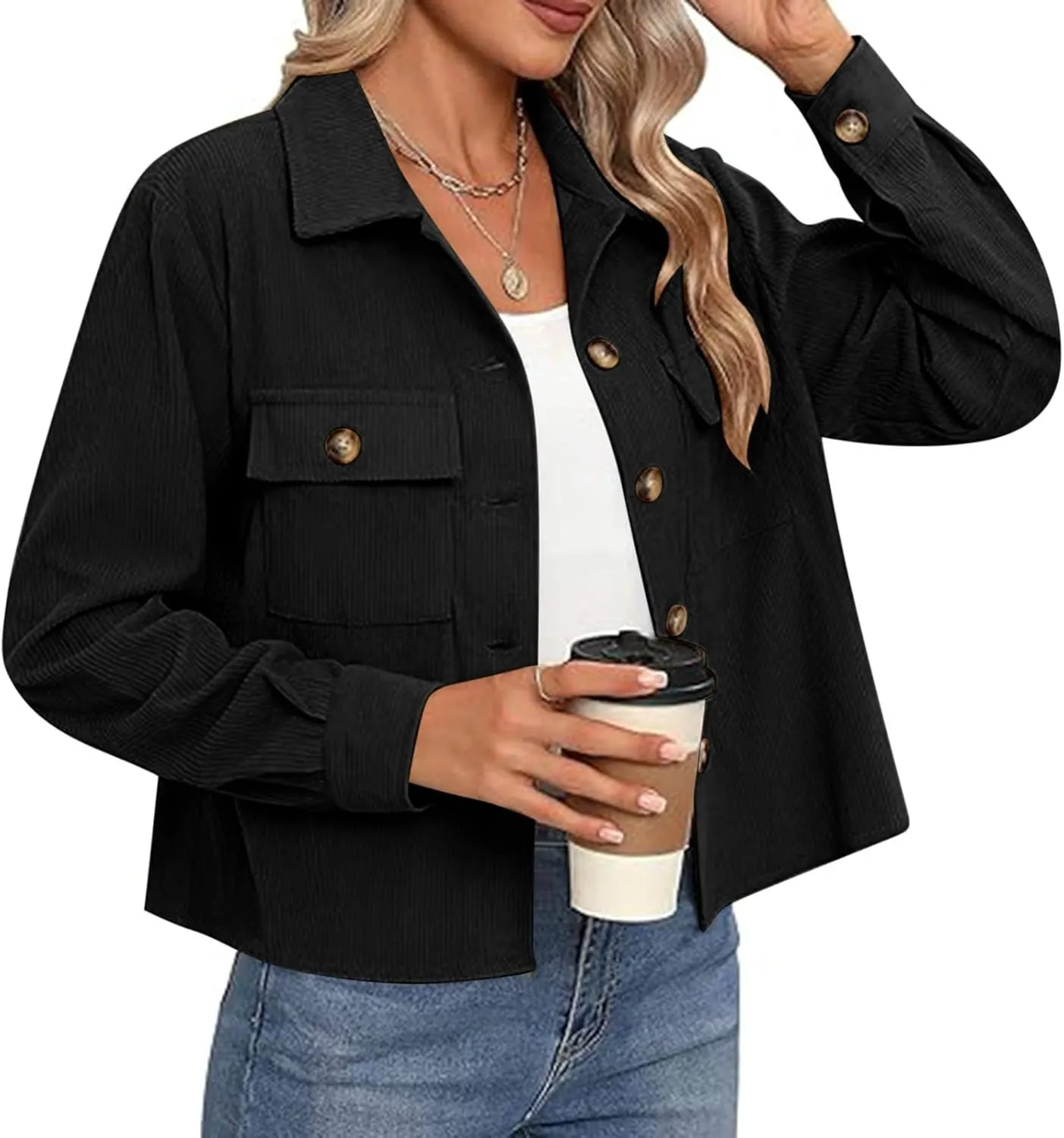 Shackets for Women 2024 Fashion Cropped Jackets Corduroy Button Down Crop Shackets Tops Long Sleeve Trendy Shirts