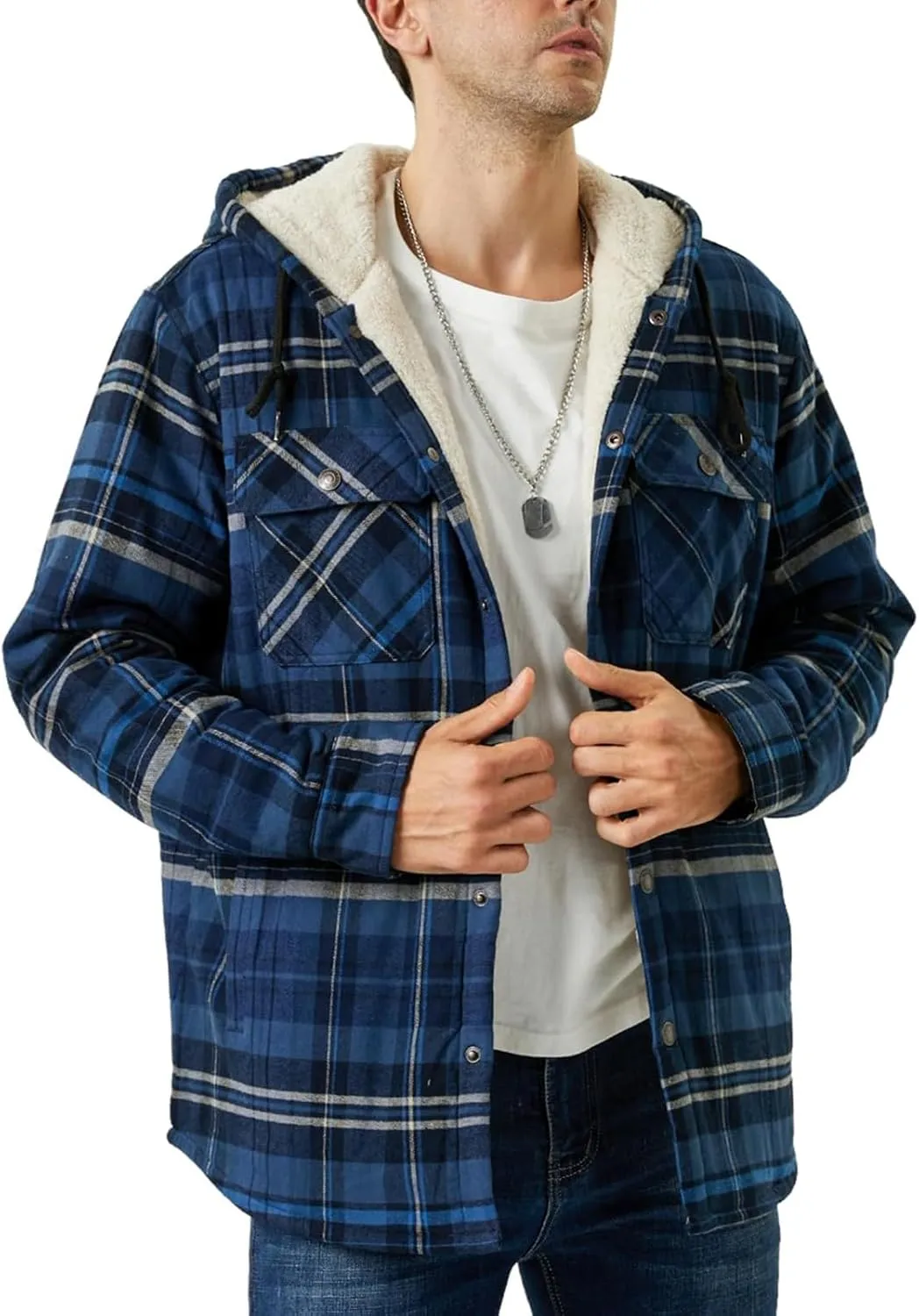 Sherpa Plaid Jacket for Men Hooded Plaid Jackets Fleece Lined Cardigan with Pocket Insulated Thermal Winter Outerwear