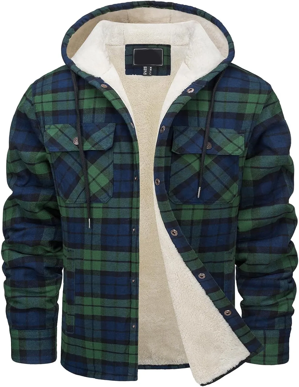 Sherpa Plaid Jacket for Men Hooded Plaid Jackets Fleece Lined Cardigan with Pocket Insulated Thermal Winter Outerwear