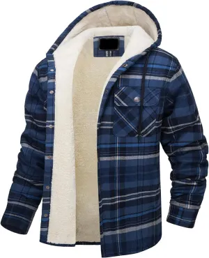 Sherpa Plaid Jacket for Men Hooded Plaid Jackets Fleece Lined Cardigan with Pocket Insulated Thermal Winter Outerwear