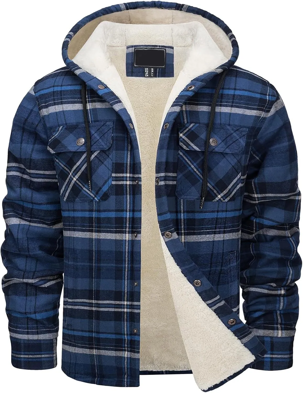 Sherpa Plaid Jacket for Men Hooded Plaid Jackets Fleece Lined Cardigan with Pocket Insulated Thermal Winter Outerwear