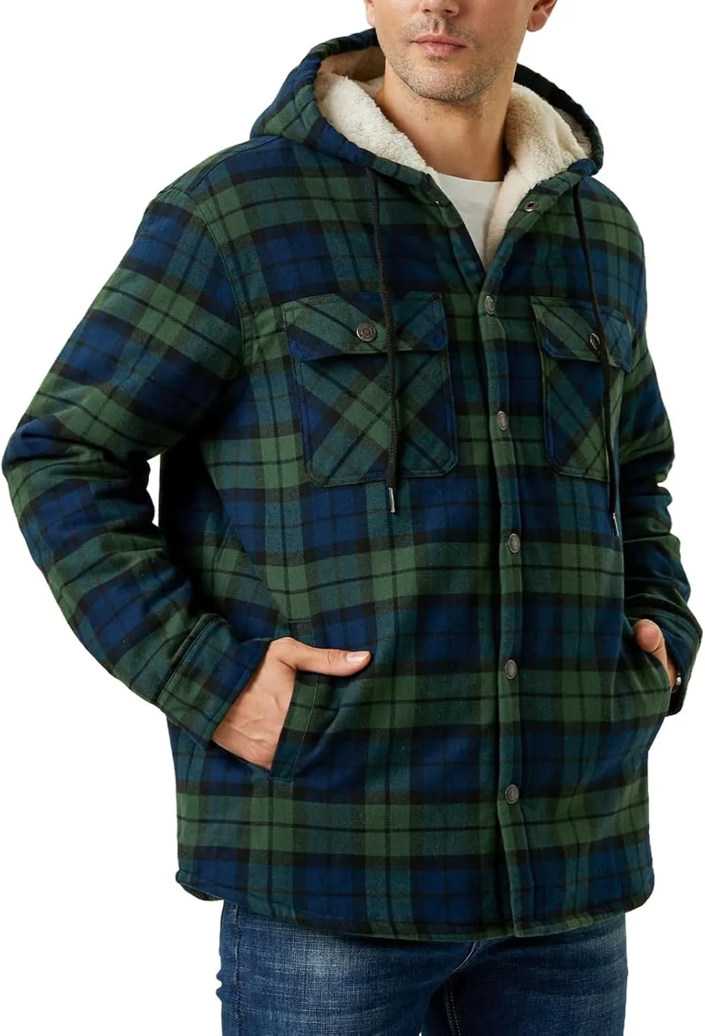 Sherpa Plaid Jacket for Men Hooded Plaid Jackets Fleece Lined Cardigan with Pocket Insulated Thermal Winter Outerwear