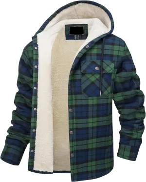 Sherpa Plaid Jacket for Men Hooded Plaid Jackets Fleece Lined Cardigan with Pocket Insulated Thermal Winter Outerwear