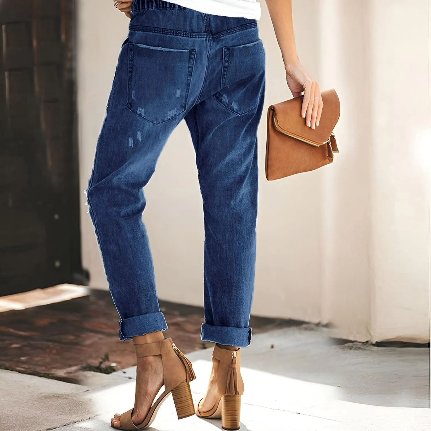 Slimming Jeans for Women Stretch Pull-On Straight Leg Denim Pants with Pockets Regular Curvy Fit Printed Denim Leggings