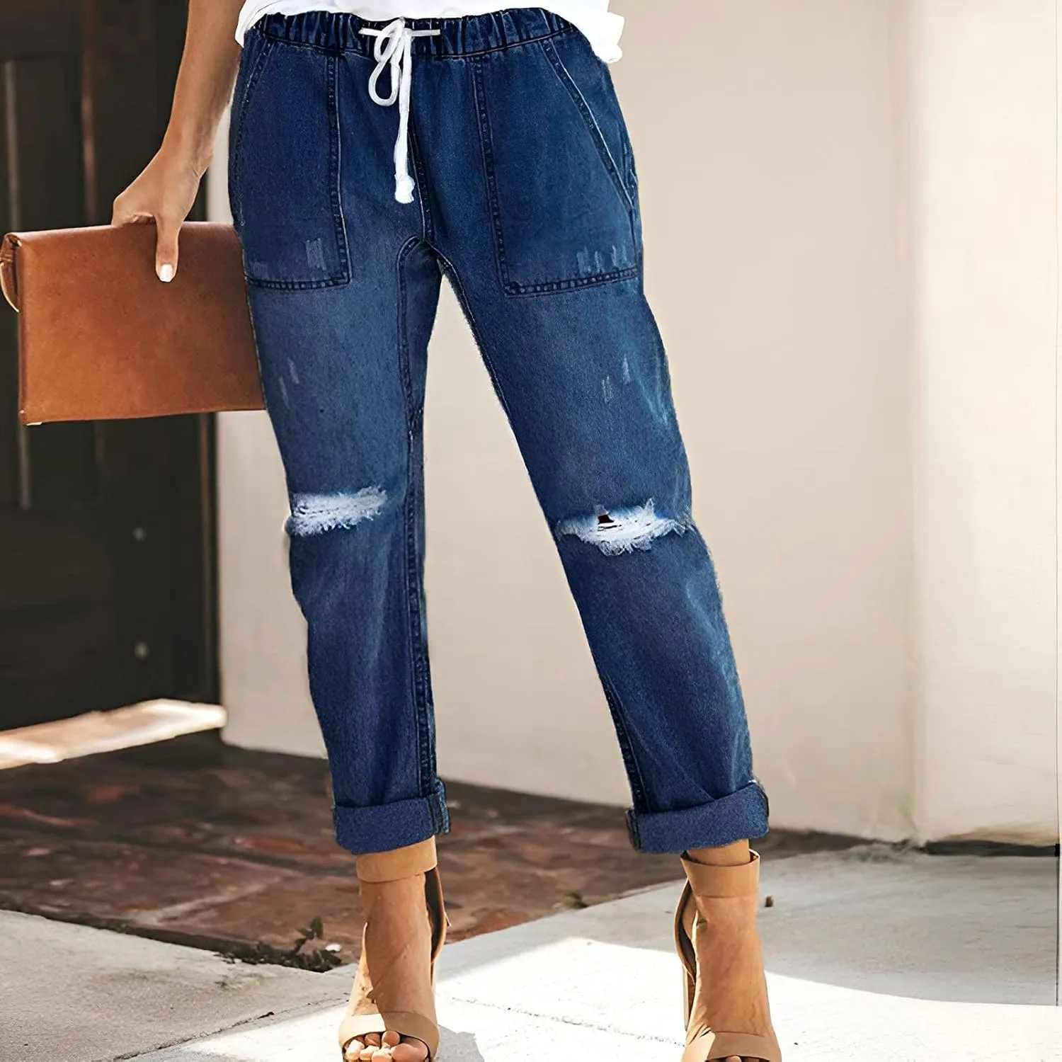 Slimming Jeans for Women Stretch Pull-On Straight Leg Denim Pants with Pockets Regular Curvy Fit Printed Denim Leggings