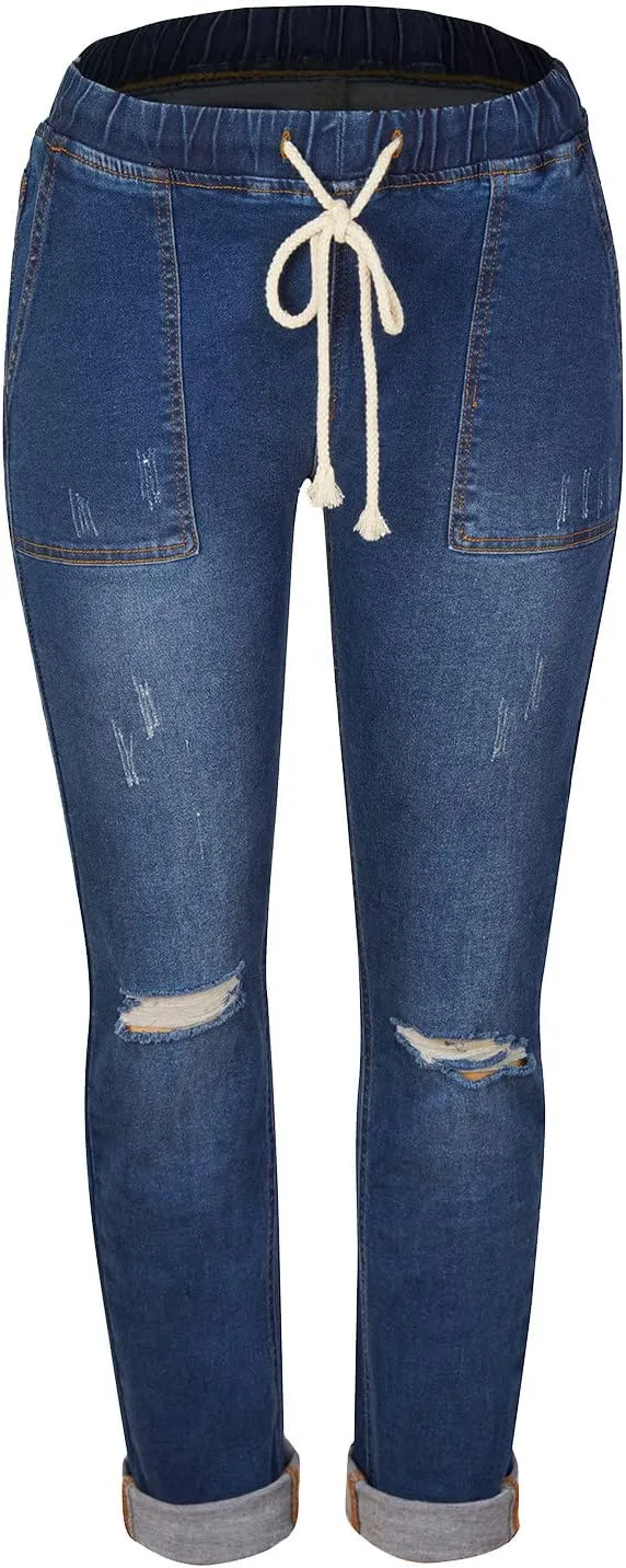 Slimming Jeans for Women Stretch Pull-On Straight Leg Denim Pants with Pockets Regular Curvy Fit Printed Denim Leggings