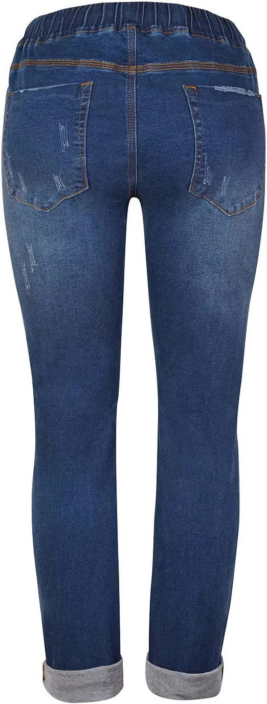 Slimming Jeans for Women Stretch Pull-On Straight Leg Denim Pants with Pockets Regular Curvy Fit Printed Denim Leggings