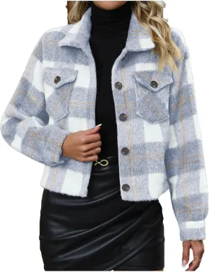 SMIDOW Women Fashion Cropped Shacket Jacket Plaid Cropped Shacket Casual Plaid Wool Blend Shirt 2023 Fall Coat Tops