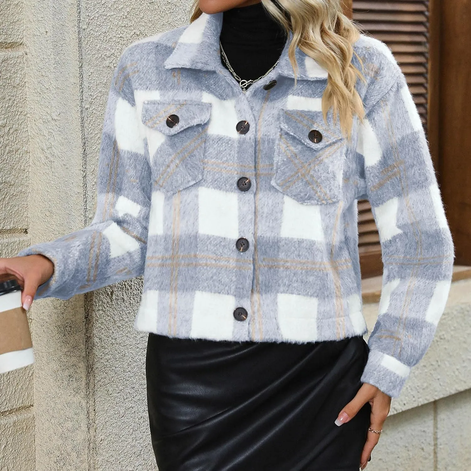 SMIDOW Women Fashion Cropped Shacket Jacket Plaid Cropped Shacket Casual Plaid Wool Blend Shirt 2023 Fall Coat Tops