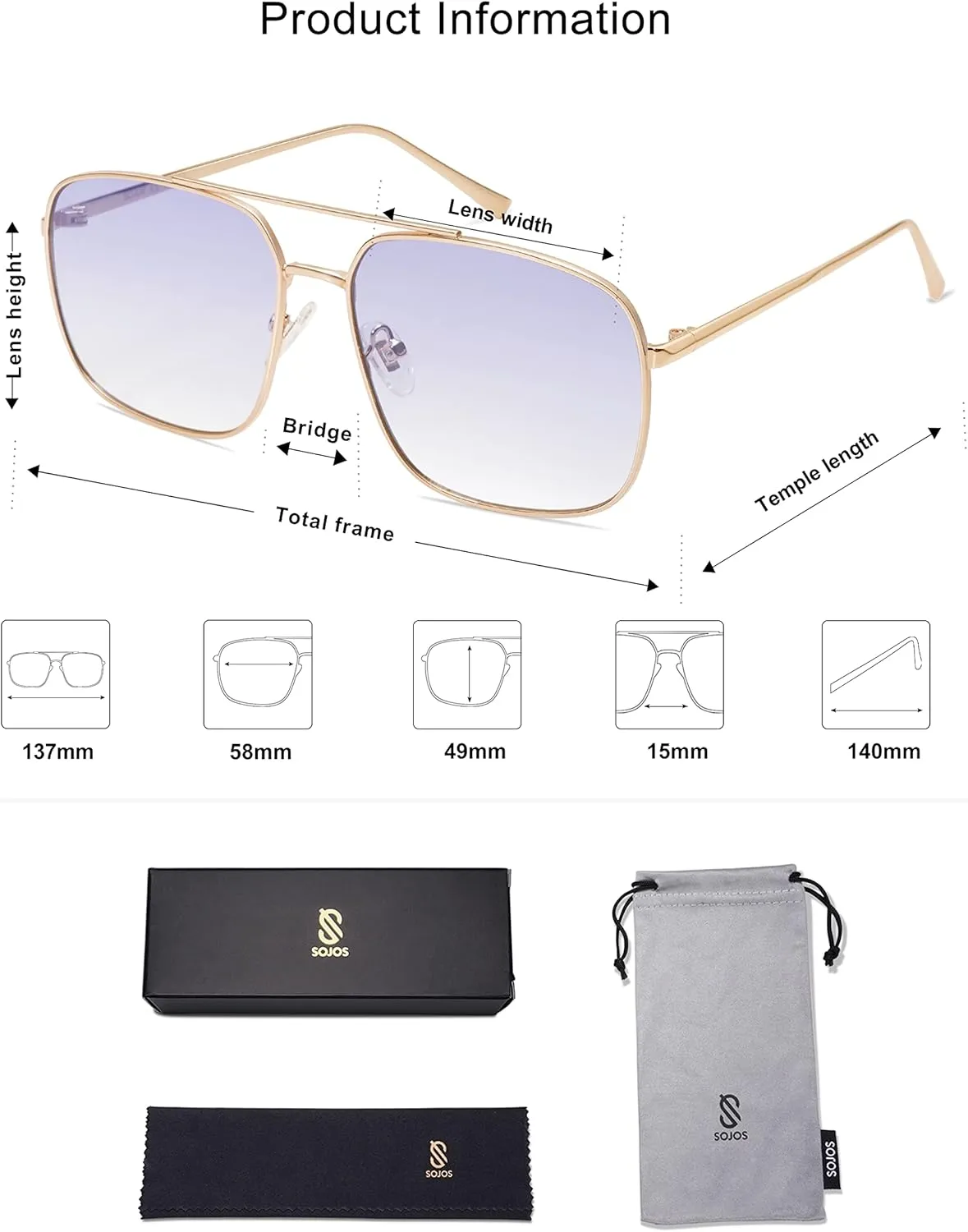 SOJOS Retro Square Aviator Sunglasses Womens Mens Aesthetic Y2k Light Lens Shades SJ1176