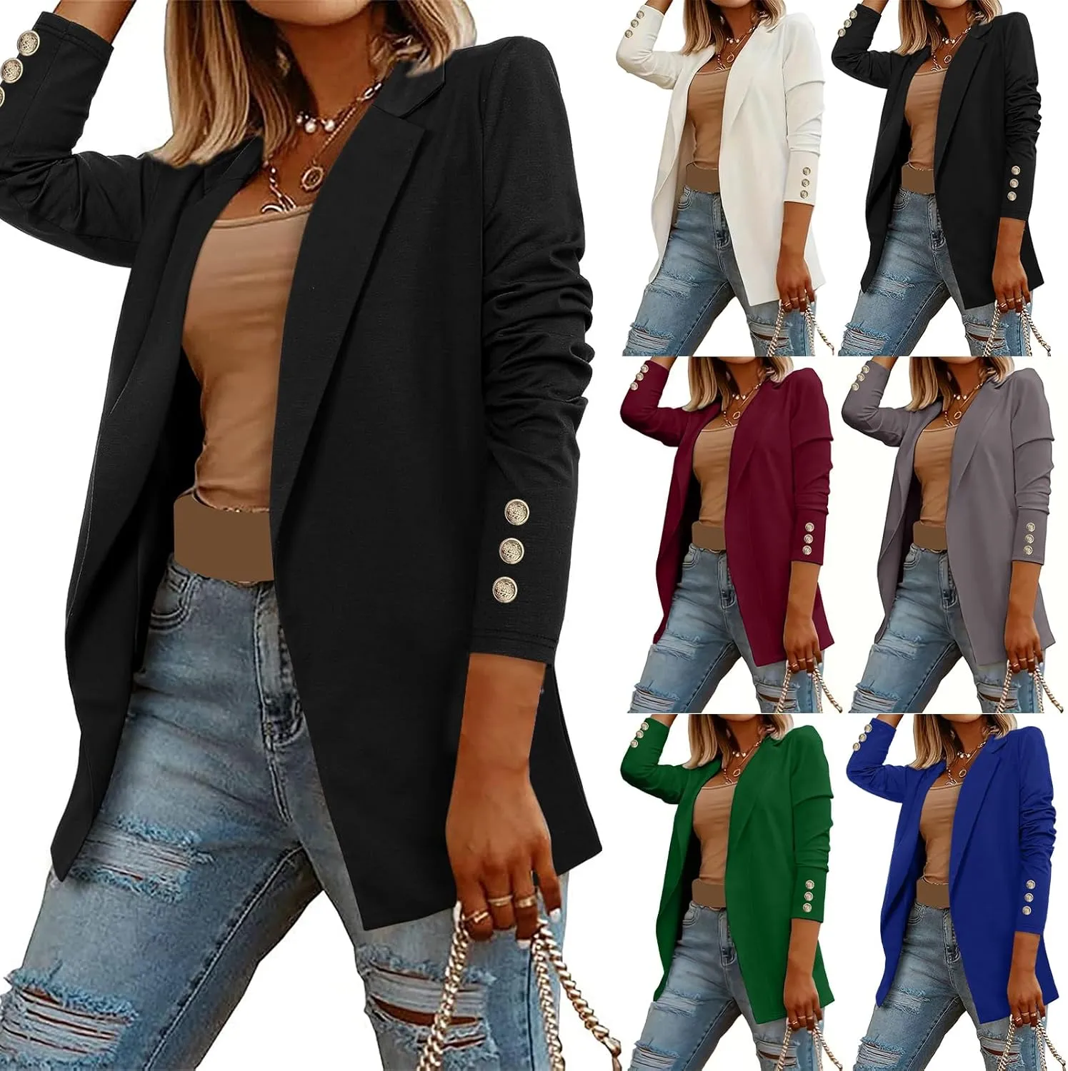 Summer Blazers for Women Open Front Business Jacket Casual Long Sleeve Suit Jacket Lapel Collar Blazer for Work Office