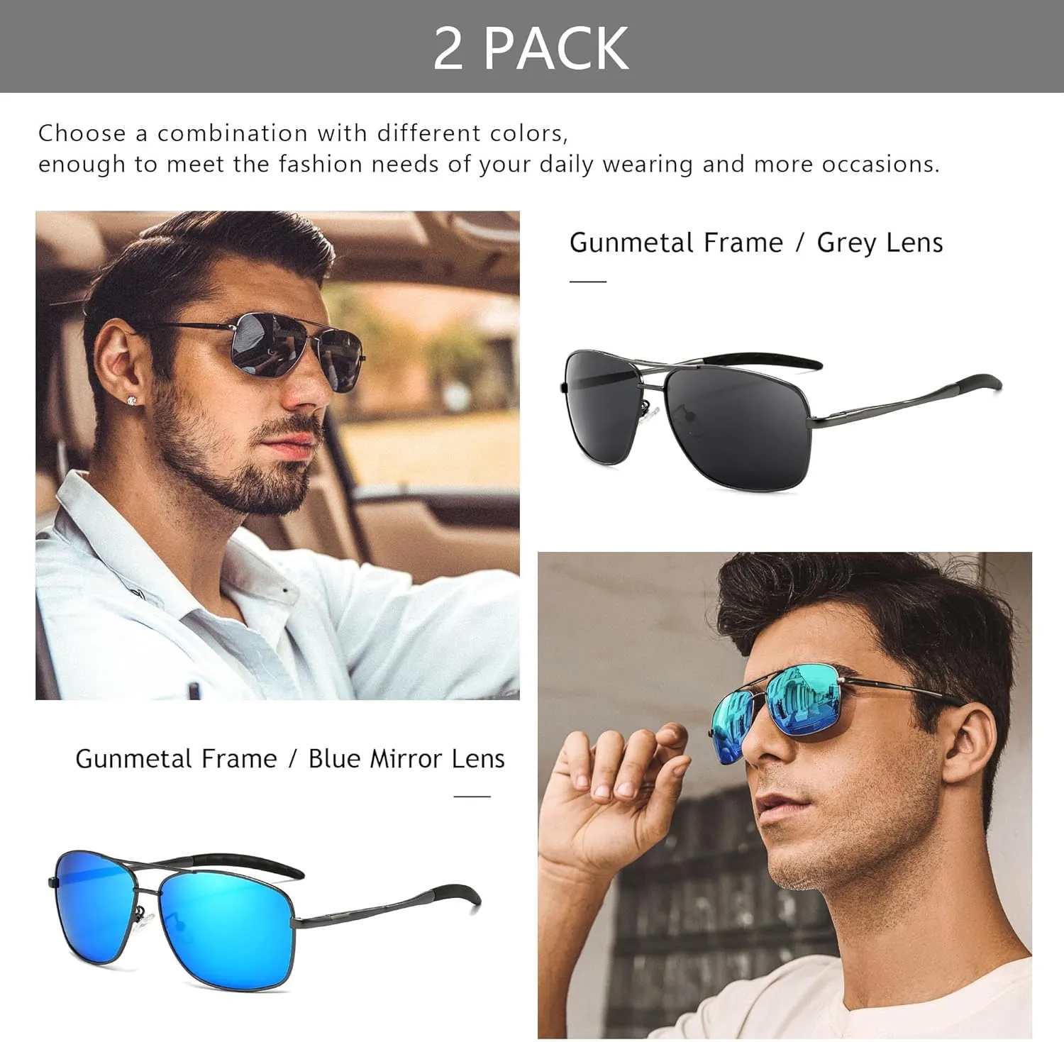 SUNGAIT Men's Polarized Square Aviator Sunglasses Durable Metal Frame for Fishing Driving Golf 100% UV Protection
