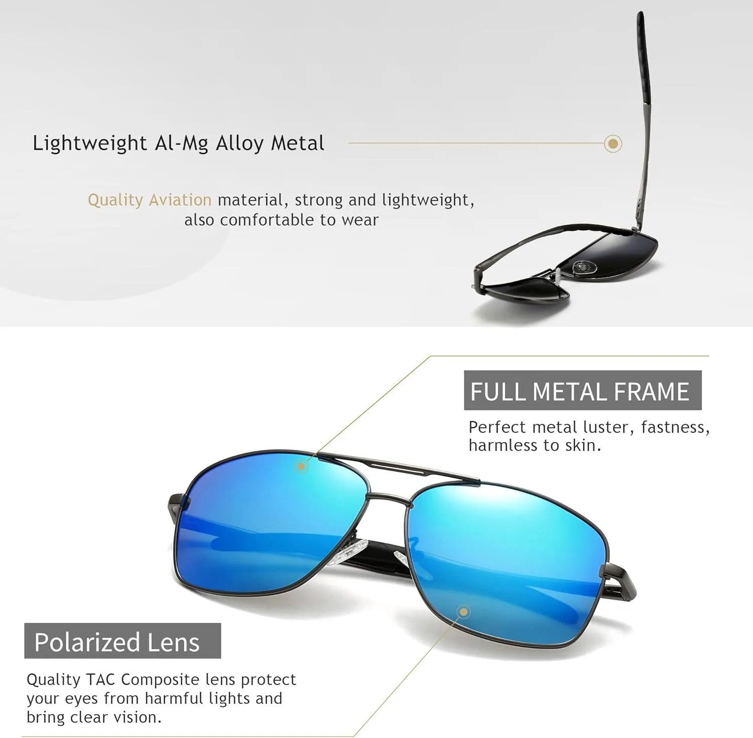 SUNGAIT Men's Polarized Square Aviator Sunglasses Durable Metal Frame for Fishing Driving Golf 100% UV Protection
