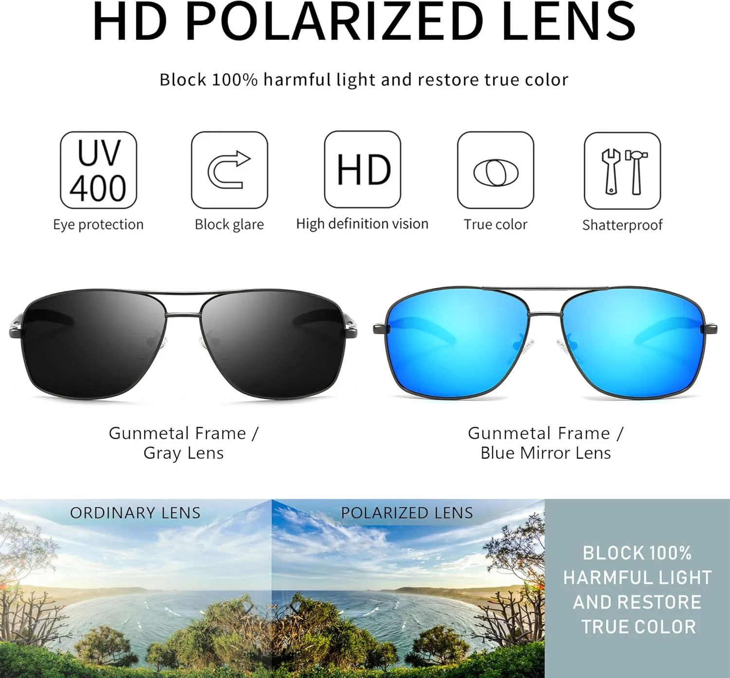 SUNGAIT Men's Polarized Square Aviator Sunglasses Durable Metal Frame for Fishing Driving Golf 100% UV Protection
