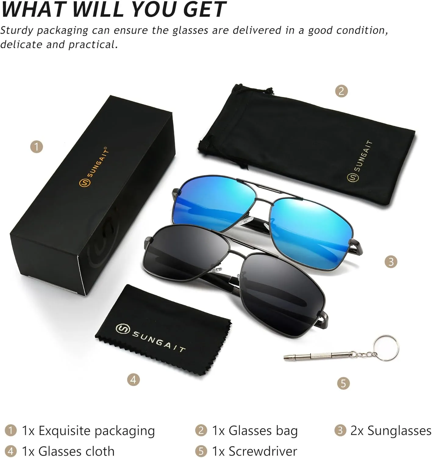 SUNGAIT Men's Polarized Square Aviator Sunglasses Durable Metal Frame for Fishing Driving Golf 100% UV Protection