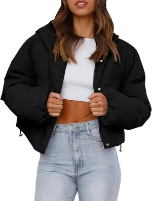 Tankaneo Women's Cropped Puffer Jacket Casual Winter Hoodie Baggy Short Down Coats with Pockets