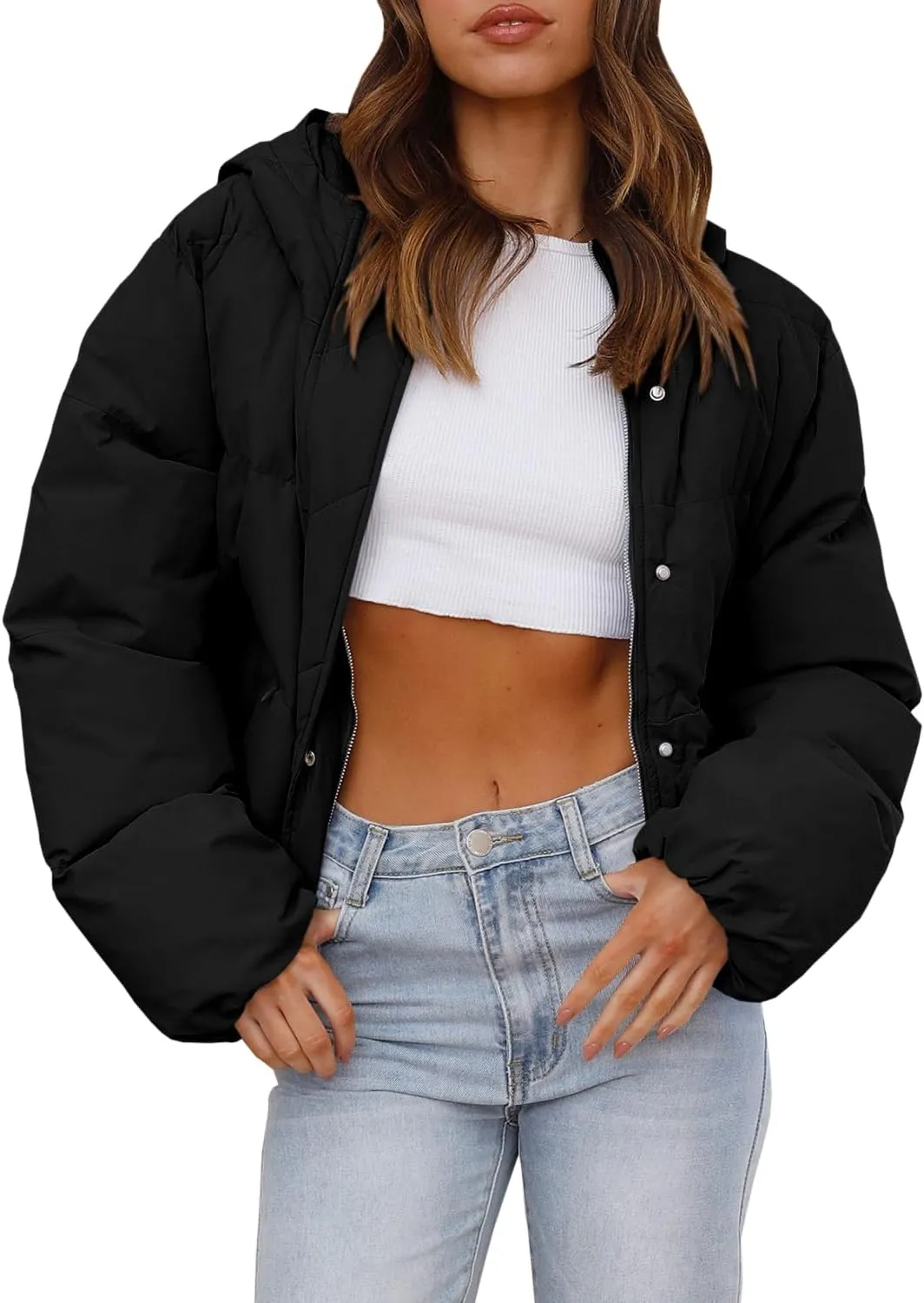 Tankaneo Women's Cropped Puffer Jacket Casual Winter Hoodie Baggy Short Down Coats with Pockets