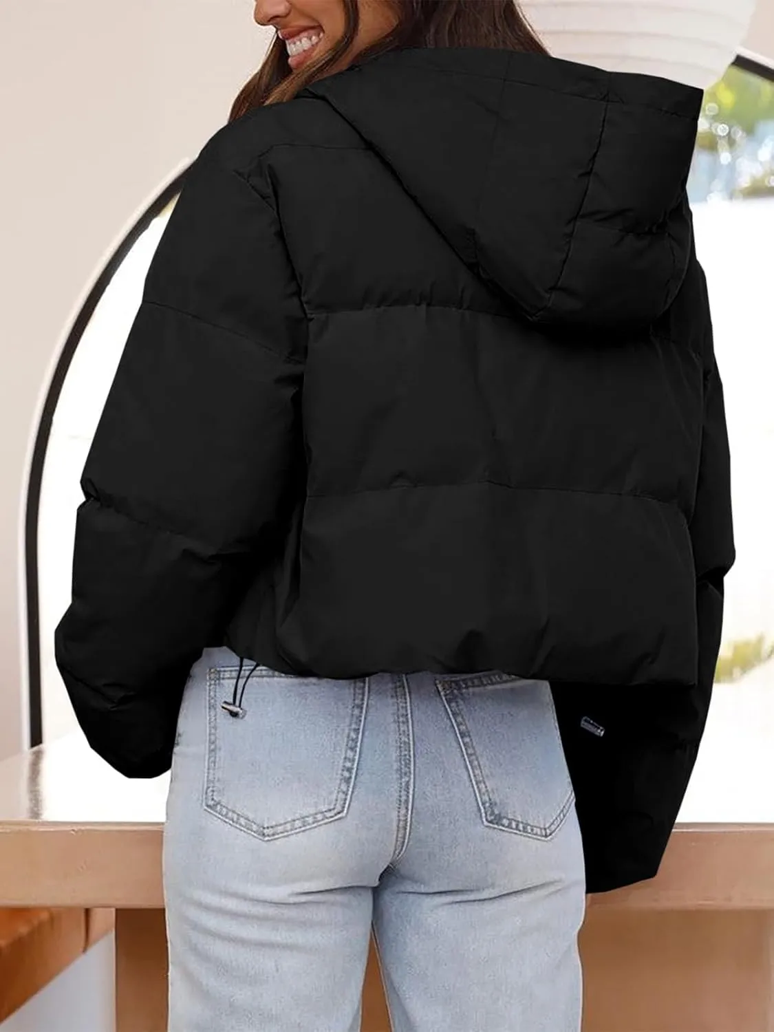 Tankaneo Women's Cropped Puffer Jacket Casual Winter Hoodie Baggy Short Down Coats with Pockets
