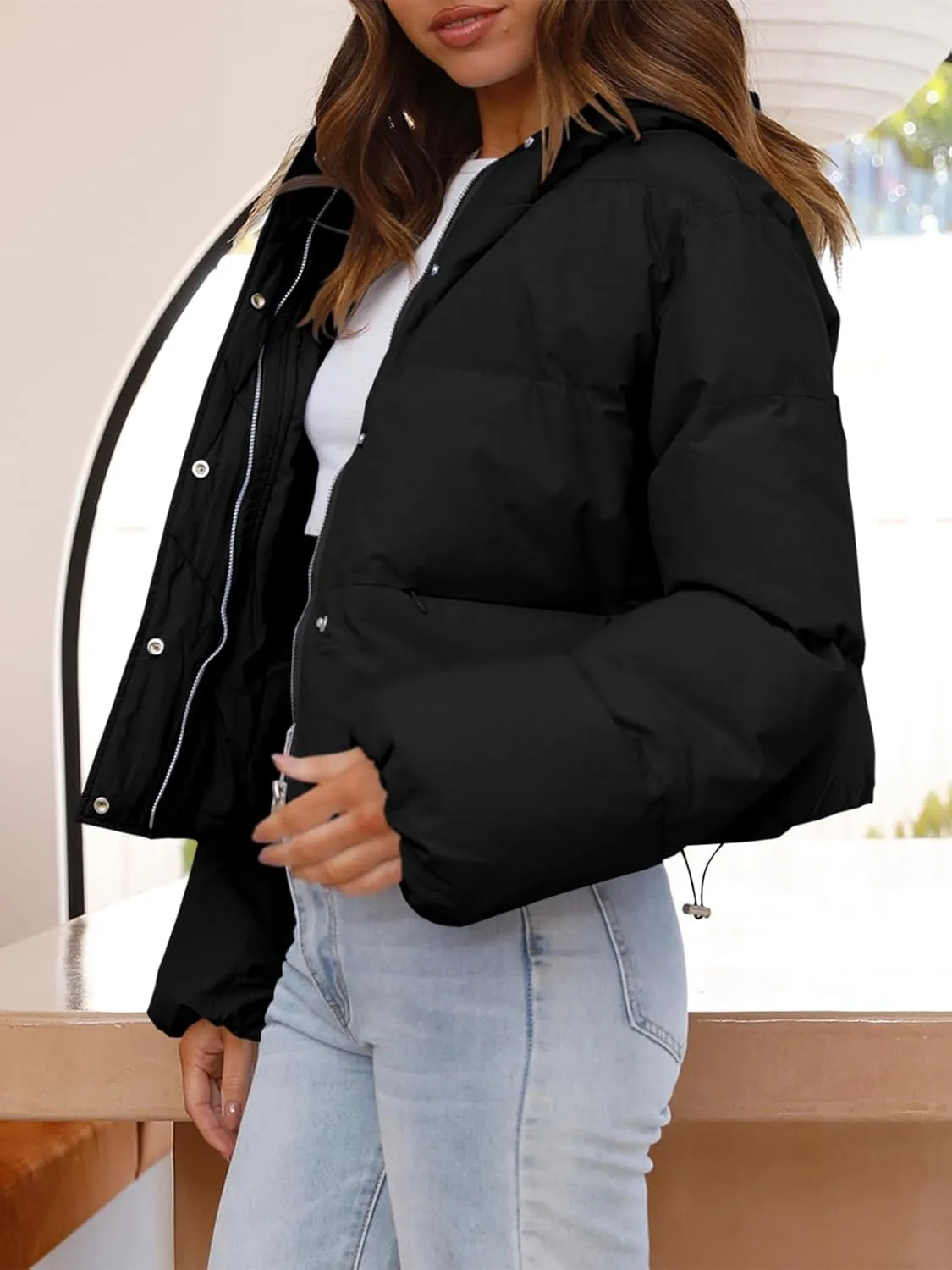 Tankaneo Women's Cropped Puffer Jacket Casual Winter Hoodie Baggy Short Down Coats with Pockets