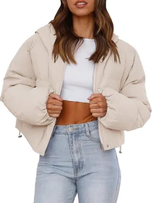 Tankaneo Women's Cropped Puffer Jacket Casual Winter Hoodie Baggy Short Down Coats with Pockets