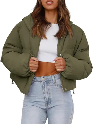 Tankaneo Women's Cropped Puffer Jacket Casual Winter Hoodie Baggy Short Down Coats with Pockets