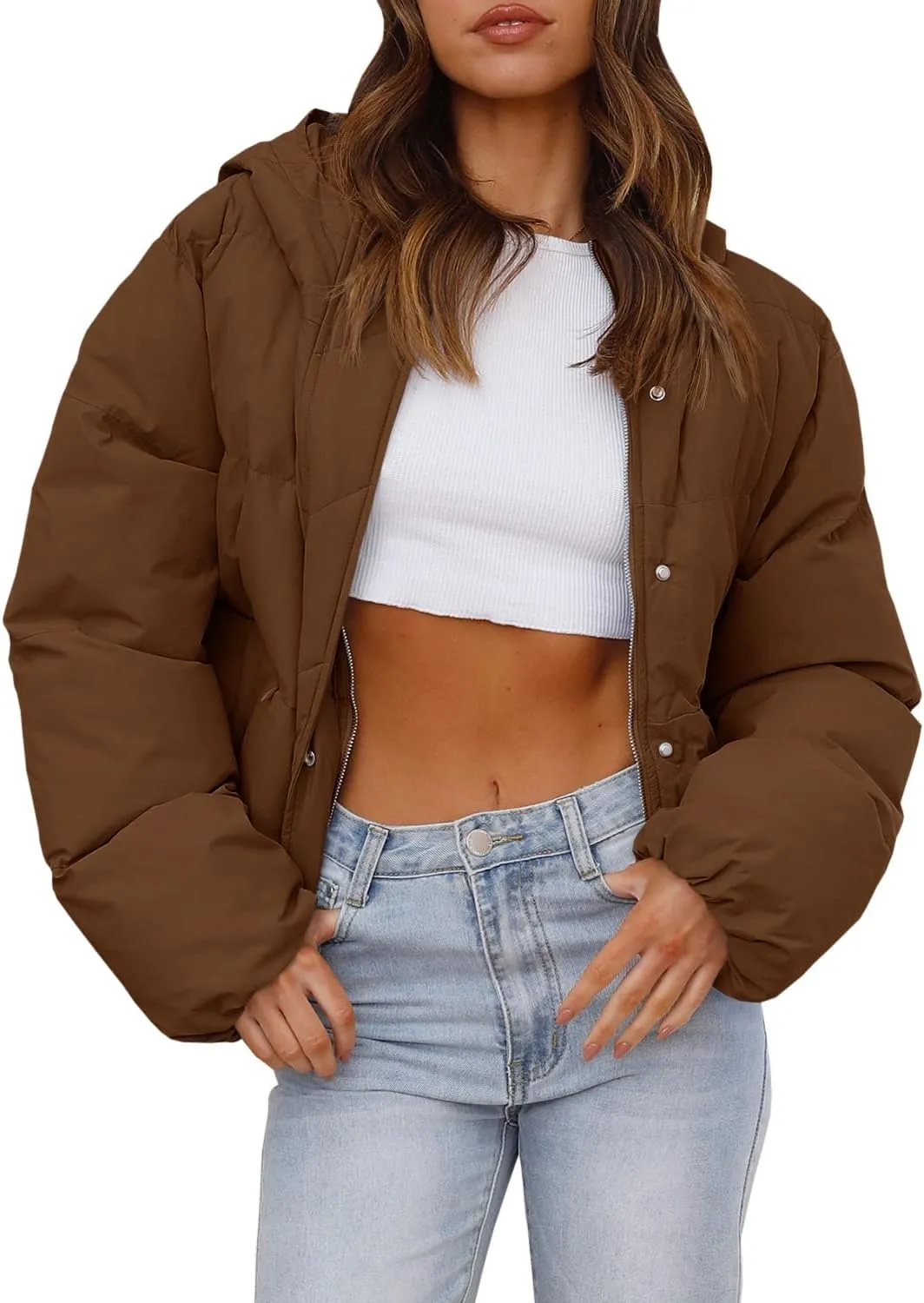 Tankaneo Women's Cropped Puffer Jacket Casual Winter Hoodie Baggy Short Down Coats with Pockets