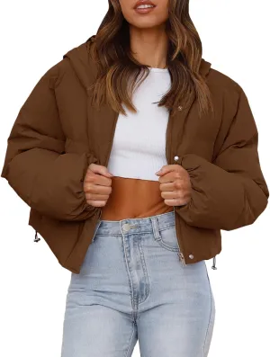 Tankaneo Women's Cropped Puffer Jacket Casual Winter Hoodie Baggy Short Down Coats with Pockets
