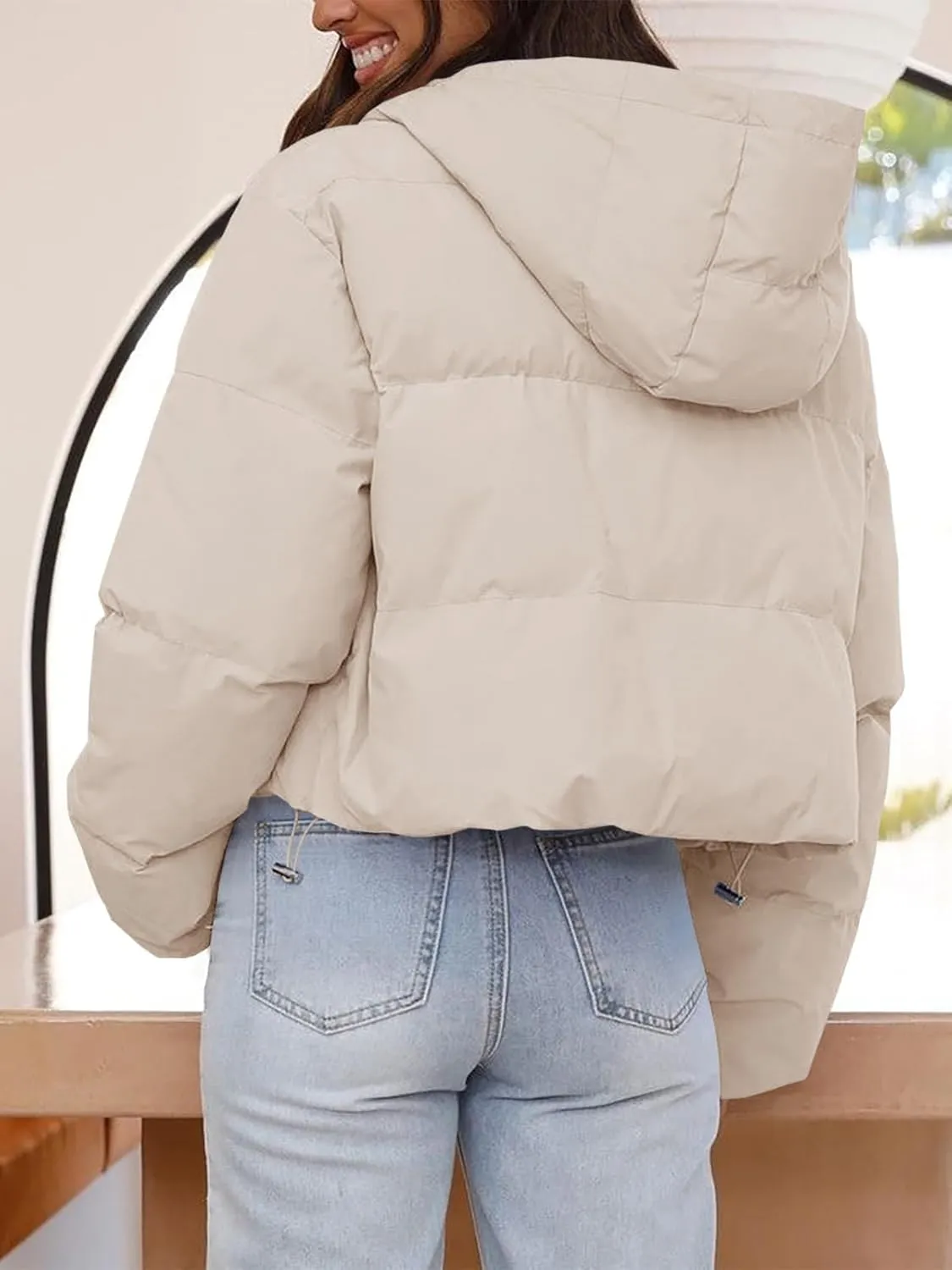 Tankaneo Women's Cropped Puffer Jacket Casual Winter Hoodie Baggy Short Down Coats with Pockets