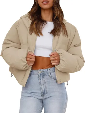 Tankaneo Women's Cropped Puffer Jacket Casual Winter Hoodie Baggy Short Down Coats with Pockets