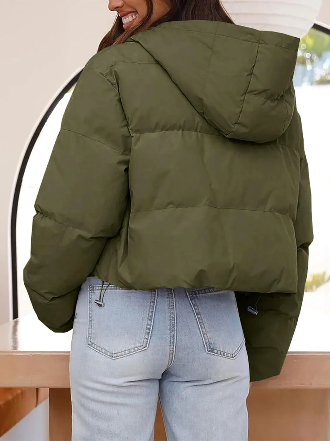 Tankaneo Women's Cropped Puffer Jacket Casual Winter Hoodie Baggy Short Down Coats with Pockets