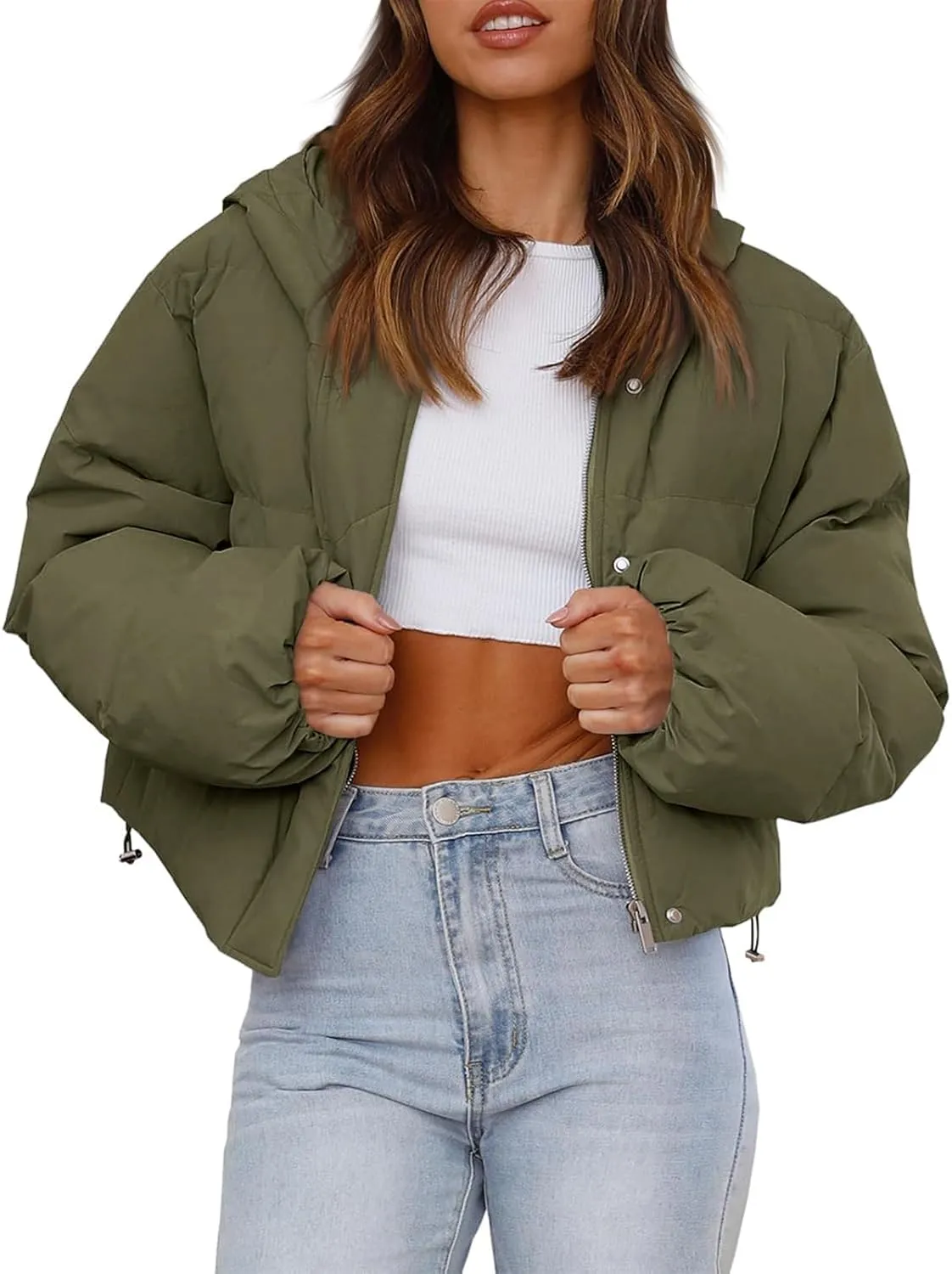 Tankaneo Women's Cropped Puffer Jacket Casual Winter Hoodie Baggy Short Down Coats with Pockets