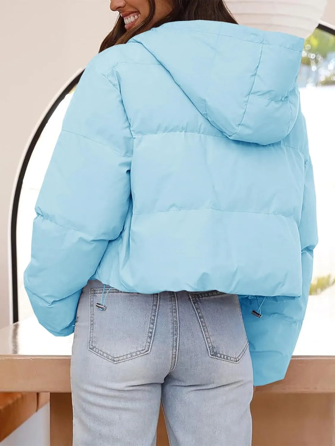 Tankaneo Women's Cropped Puffer Jacket Casual Winter Hoodie Baggy Short Down Coats with Pockets