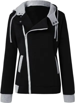tuduoms Women Casual Full-Zip Hoodies Hooded Jersey Jackets Oblique Zipper Fleece Jumper Sweatshirt Lightweight Slim Fit Coat