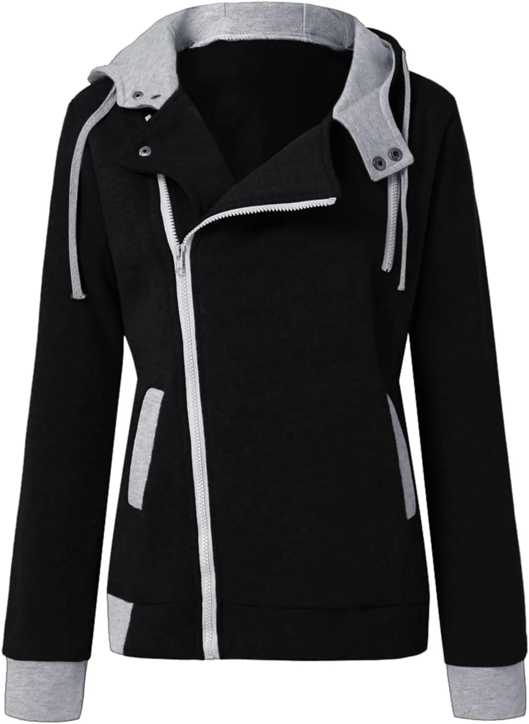 tuduoms Women Casual Full-Zip Hoodies Hooded Jersey Jackets Oblique Zipper Fleece Jumper Sweatshirt Lightweight Slim Fit Coat