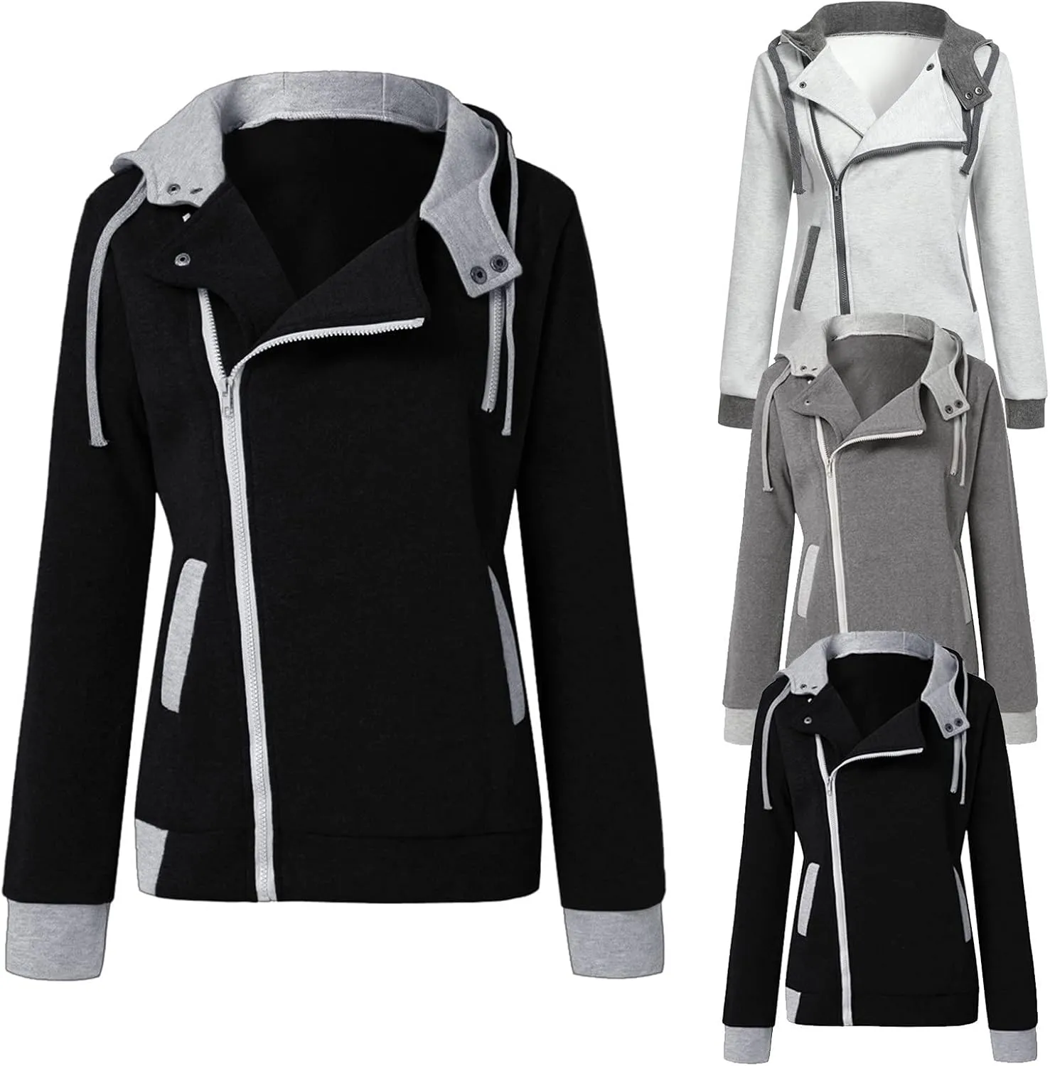 tuduoms Women Casual Full-Zip Hoodies Hooded Jersey Jackets Oblique Zipper Fleece Jumper Sweatshirt Lightweight Slim Fit Coat