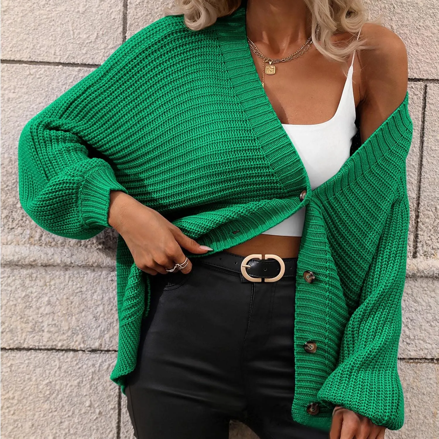 tuduoms Womens Button Front Batwing Sleeve Cardigan Winter Fashon Oversized Slouchy Shawl Wrap Chunky Cable Knit Sweater Coat
