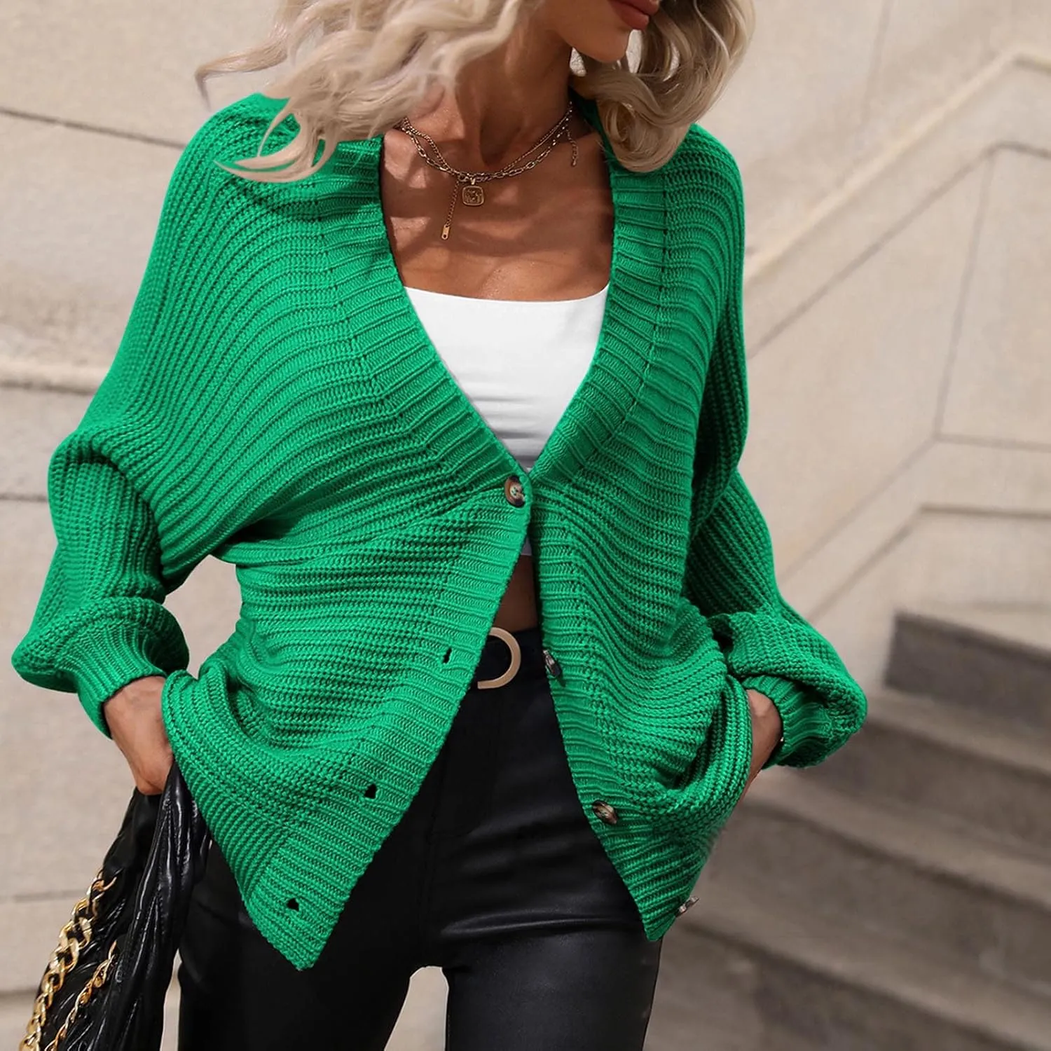 tuduoms Womens Button Front Batwing Sleeve Cardigan Winter Fashon Oversized Slouchy Shawl Wrap Chunky Cable Knit Sweater Coat