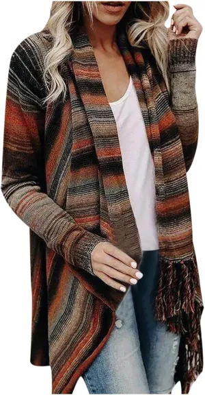 tuduoms Womens Vintage Western Cardigan Color Block Open Front Sweaters Casual Wrap Coat Chunky Knit Kimono Loose Cover Up
