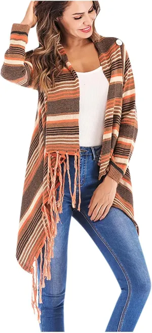 tuduoms Womens Vintage Western Cardigan Color Block Open Front Sweaters Casual Wrap Coat Chunky Knit Kimono Loose Cover Up