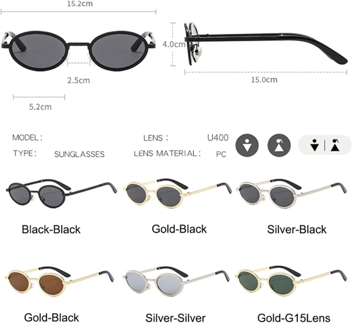 Vintage Round Men Fashion Small Oval Metal Sun Glasses for Women Luxury Uv400